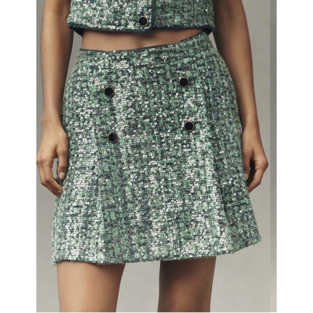 New Maeve Green Sequin Tweed Mini Skirt in Grey Pattern XL